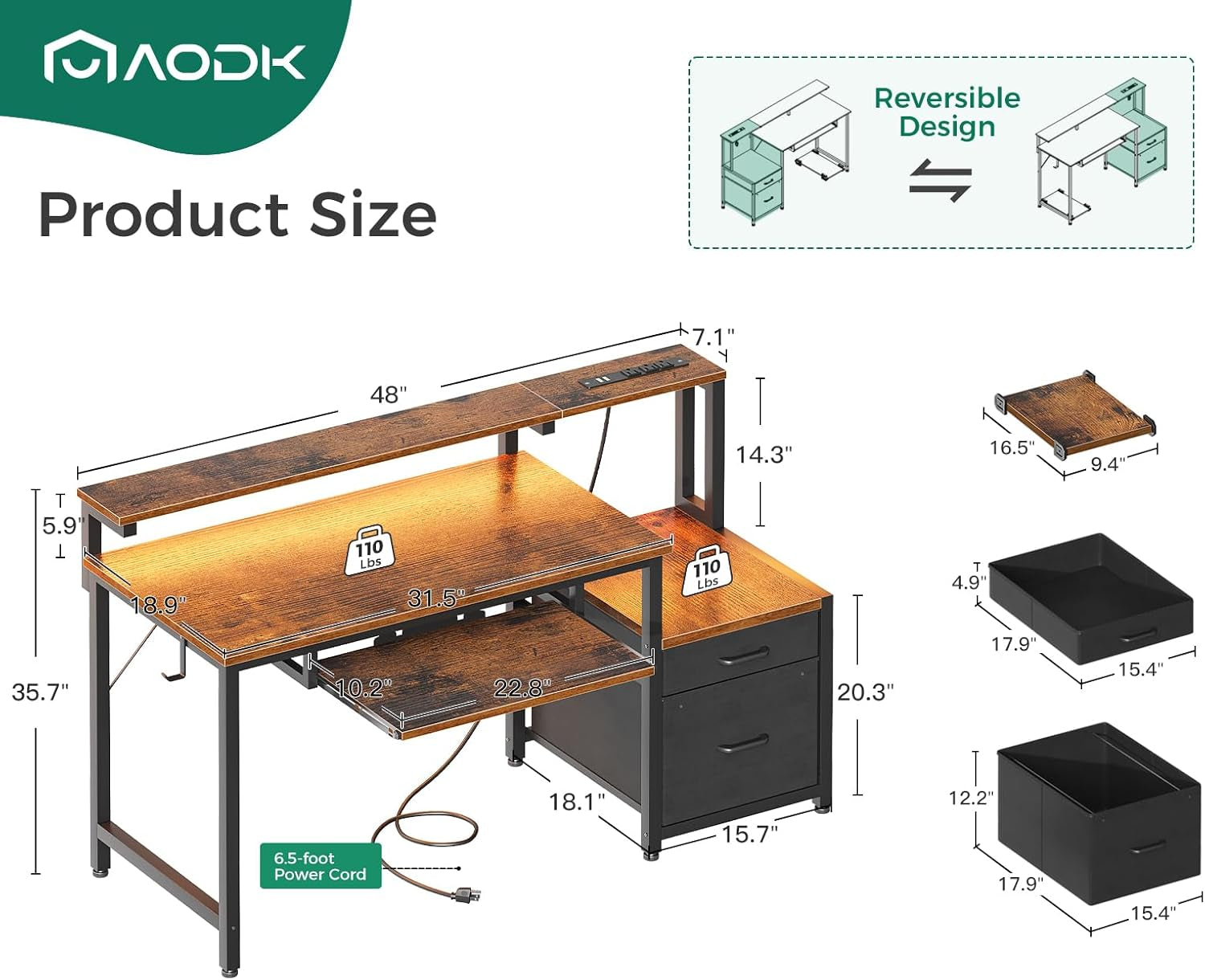 48" Computer Desk with Fabric File Cabinet and Drawer, Reversible Office Desk with Power Outlet and LED Light, Study Desk with Printer Stand, Keyboard Tray, Monitor Riser and PC Stand, Vintage-2