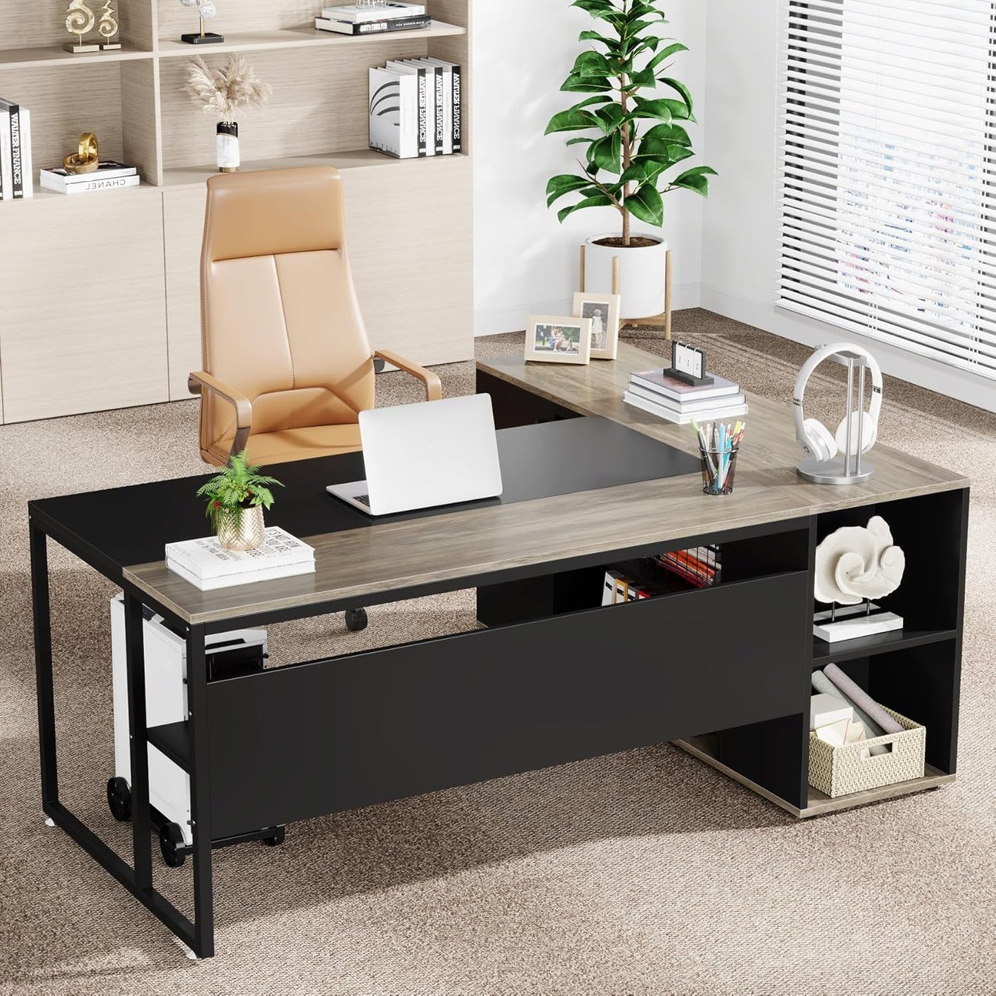 71" Gray L-Shaped Executive Desk with Storage-3