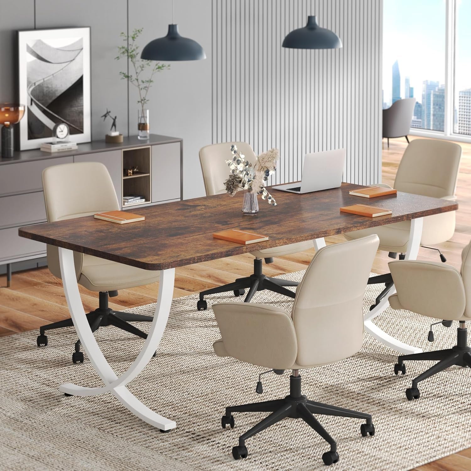 Executive Desk, 63” W X 31.5” D Large Office Desk, Modern Computer Desk Conference Table Meeting Room Table, Business Furniture for Home Office, White and Walnut-4
