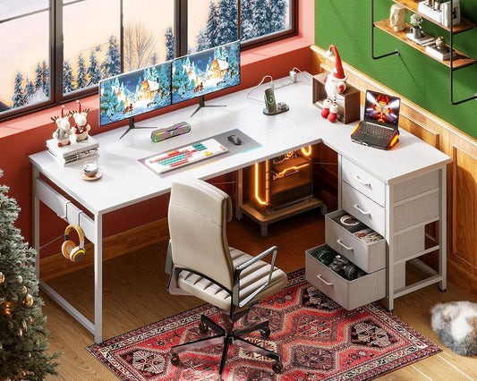 L Shaped Desk with 4 Tier Drawers, 61" Reversible Gaming Desk with Power Outlets, L Shaped Computer Desk with USB Charging Port and Host Stand, Home Office Corner Desk, Easy to Assemble, White-1