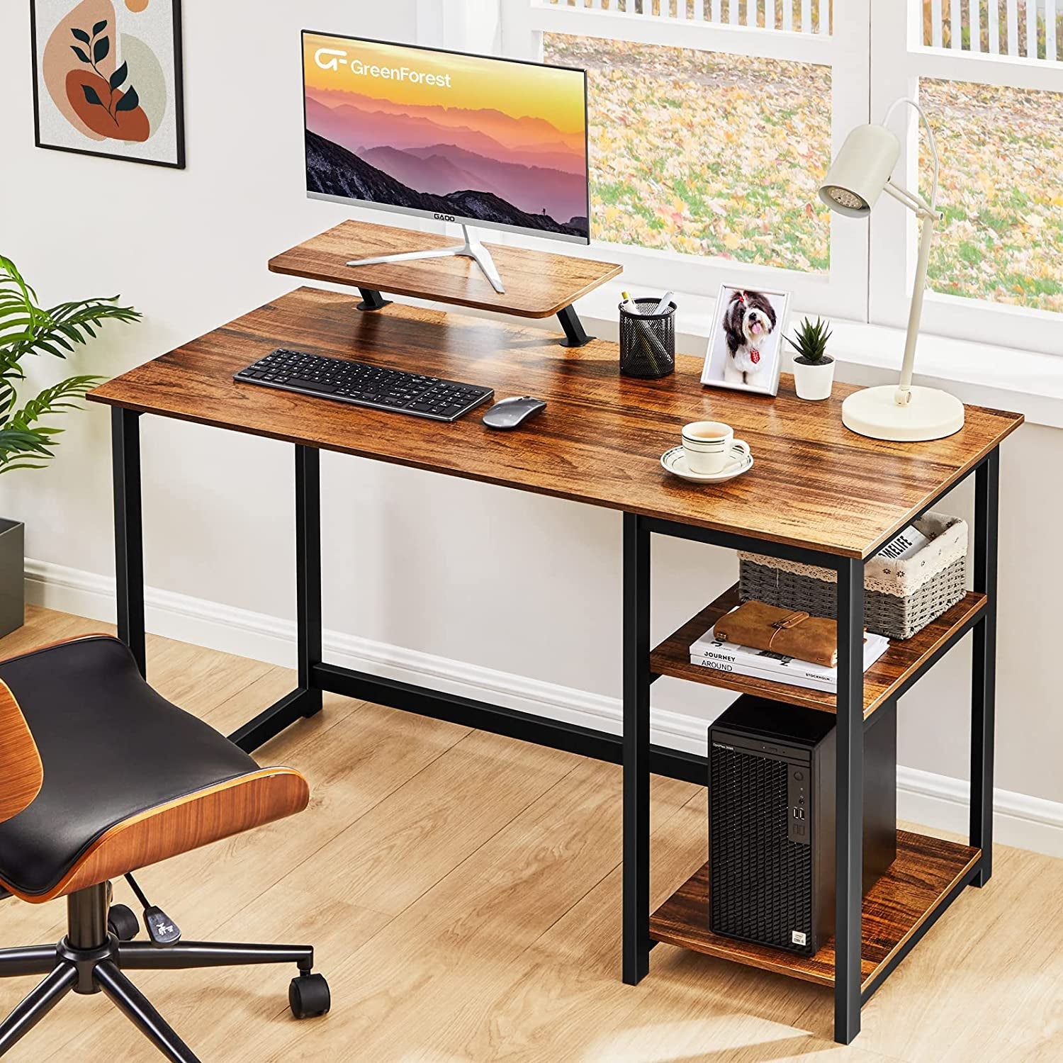 Compact Desk with Monitor Stand and Storage Shelves-1