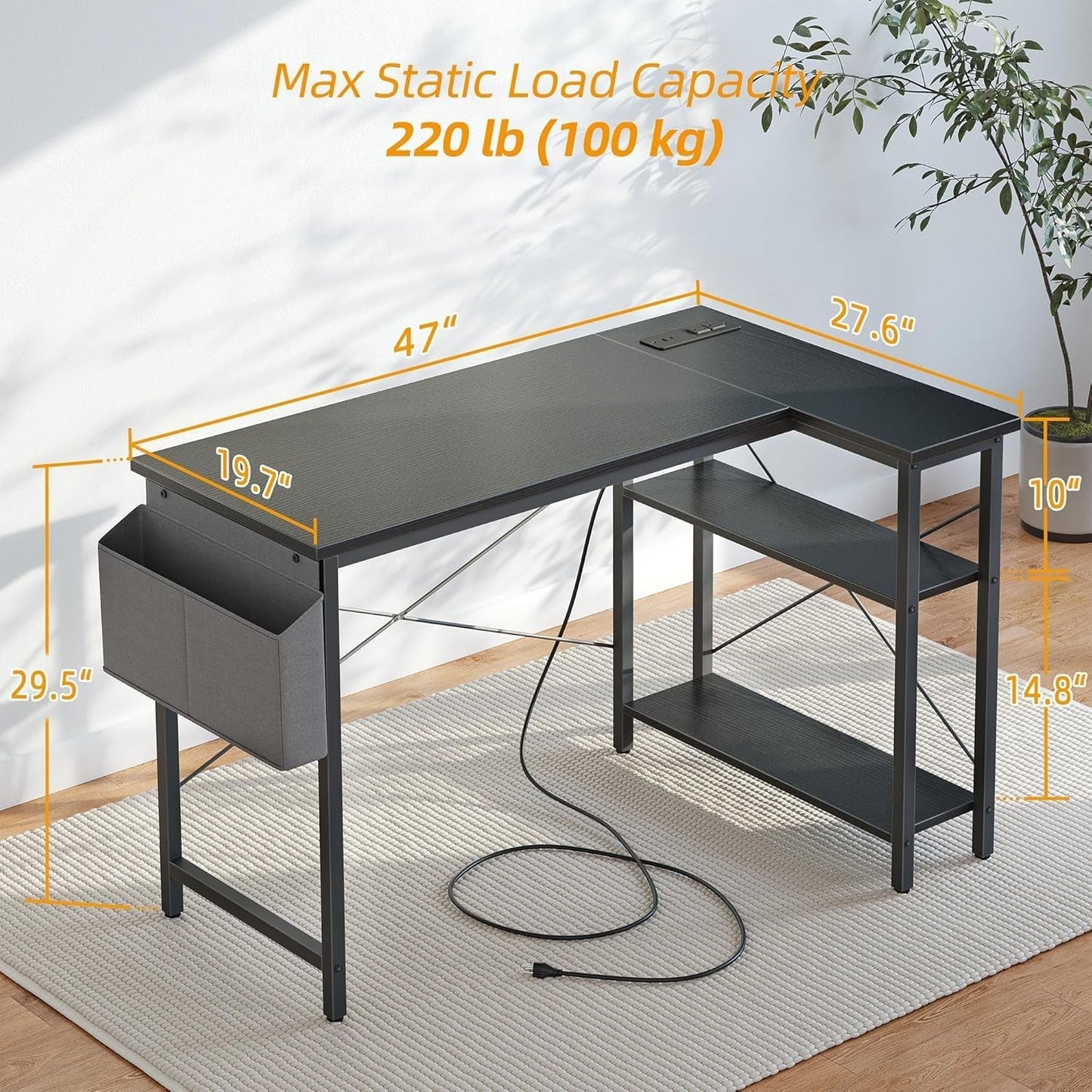 L Shaped Computer Desk with Power Outlets, 47 Inch Small Corner Desk with Reversible Shelves, Gaming Desk Computer Table Study Writing Table for Home Office Bedroom Small Space, Black-2