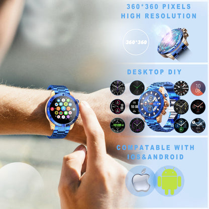 OHUGNA Men's Smart Watch Round HD 1.53" Gold Blue Smart Watches for Men, Multiple Sports Modes, Bluetooth Voice Call. Available for iOS and Android (Blue)