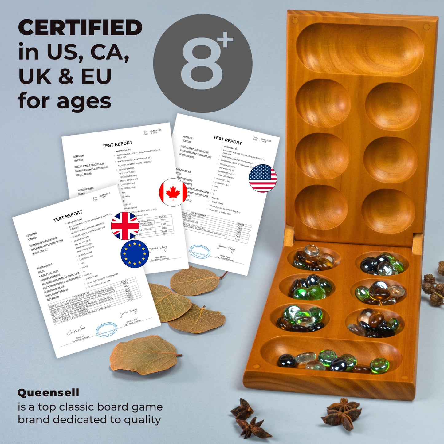 Mancala Board Game with Magnetic Lock – Classic 2-Player Folding Game – Wooden Mancala Set with 56 Glass Pebbles – Mancala Game for Kids and Adults