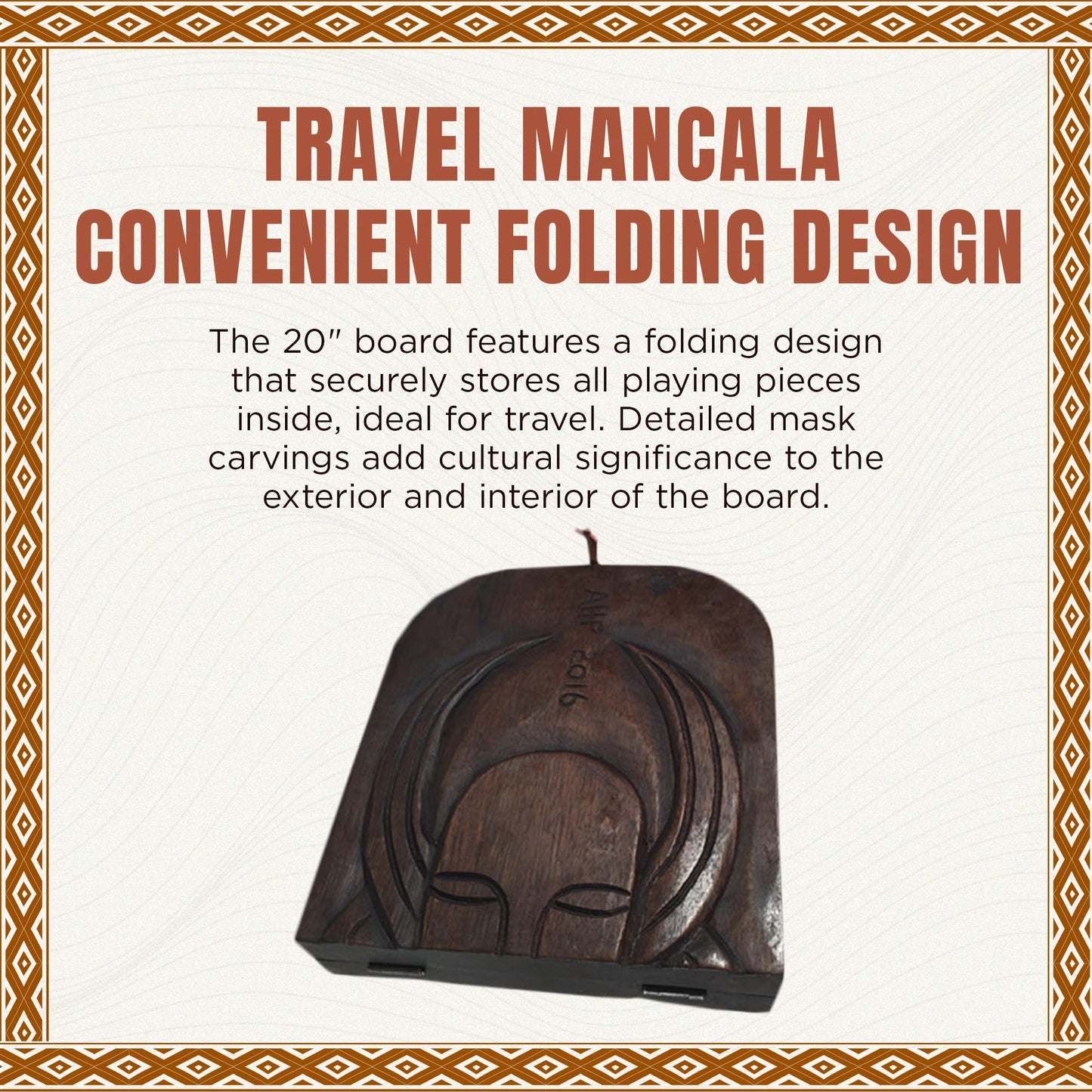 Africa Heartwood Project African Oware Mancala Board - Folding Rounded Shape, Hand-Carved Solid Wood with Mask Design, 48 Seeds and Instructions Included