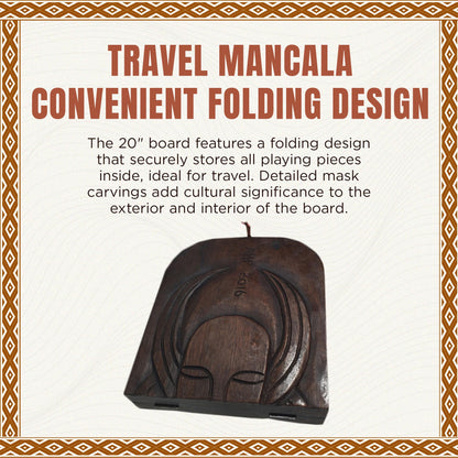 Africa Heartwood Project African Oware Mancala Board - Folding Rounded Shape, Hand-Carved Solid Wood with Mask Design, 48 Seeds and Instructions Included