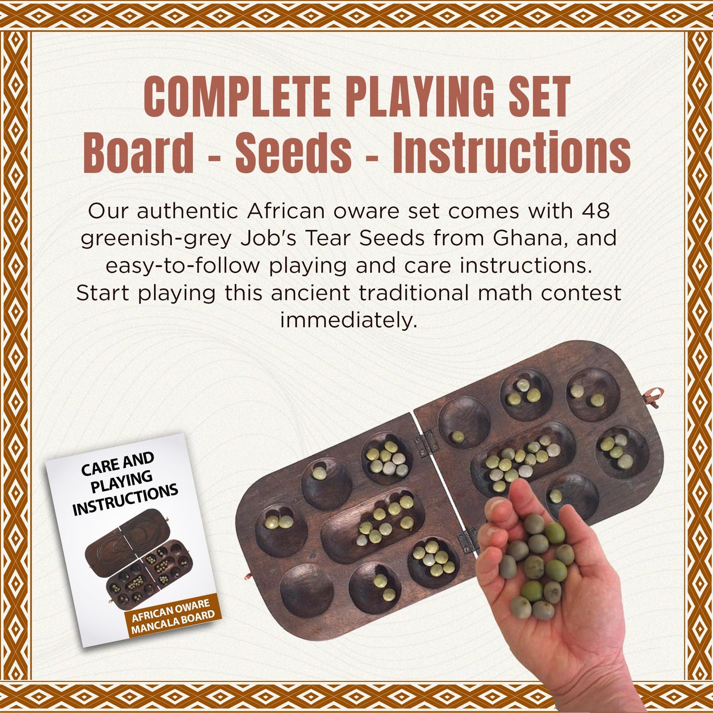 Africa Heartwood Project African Oware Mancala Board - Folding Rounded Shape, Hand-Carved Solid Wood with Mask Design, 48 Seeds and Instructions Included