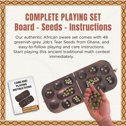 Africa Heartwood Project African Oware Mancala Board - Folding Rounded Shape, Hand-Carved Solid Wood with Mask Design, 48 Seeds and Instructions Included