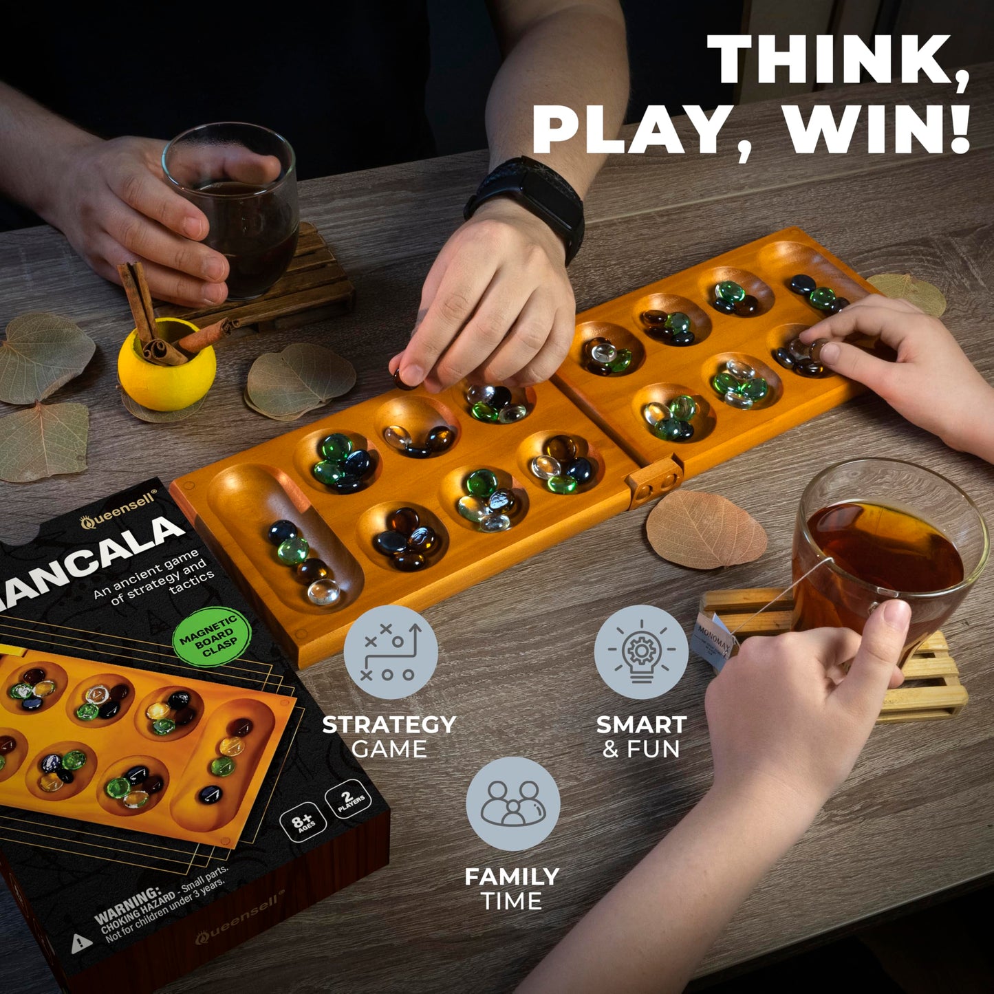 Mancala Board Game with Magnetic Lock – Classic 2-Player Folding Game – Wooden Mancala Set with 56 Glass Pebbles – Mancala Game for Kids and Adults