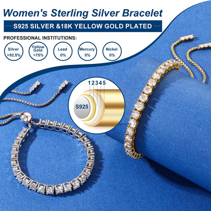 Moissanite Tennis Bracelet, 7.76 Carats Adjustable Bracelet for Women 18K Yellow Gold Plated S925 Sterling Silver Tennis Bracelet D Color VVS1 Round Cut 4MM Moissanite Bracelet Mothers Day Gift