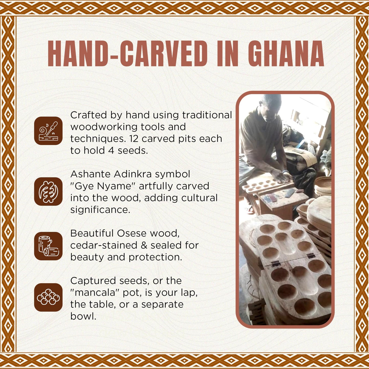 Africa Heartwood Project African Oware Mancala Board - Folding Rounded Shape, Hand-Carved Solid Wood with Mask Design, 48 Seeds and Instructions Included