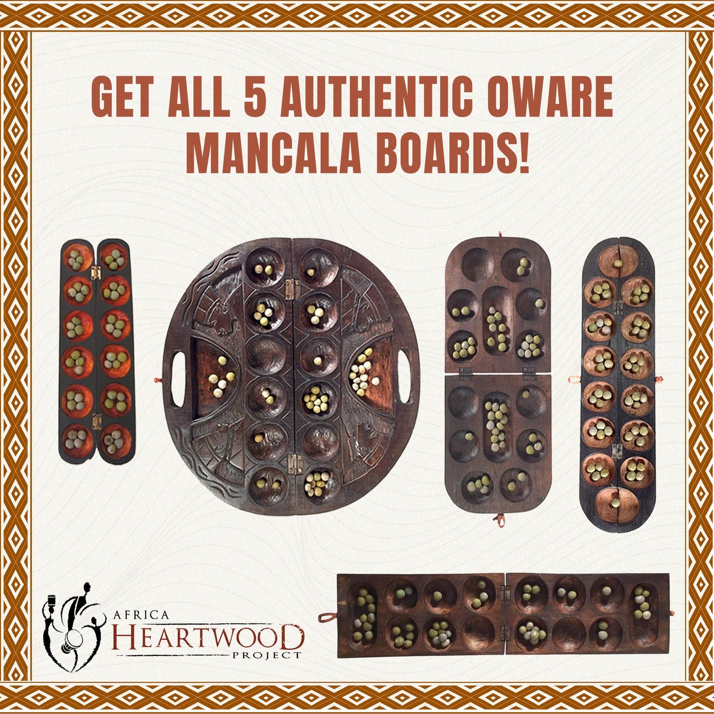 Africa Heartwood Project African Oware Mancala Board - Folding Rounded Shape, Hand-Carved Solid Wood with Mask Design, 48 Seeds and Instructions Included