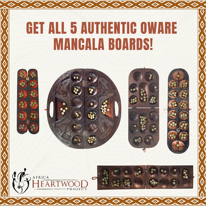 Africa Heartwood Project African Oware Mancala Board - Folding Rounded Shape, Hand-Carved Solid Wood with Mask Design, 48 Seeds and Instructions Included