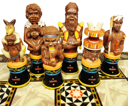 Australian Aborigines Tribal Chess Set with 14 1/2 inch Mosaic Color Board Aboriginal