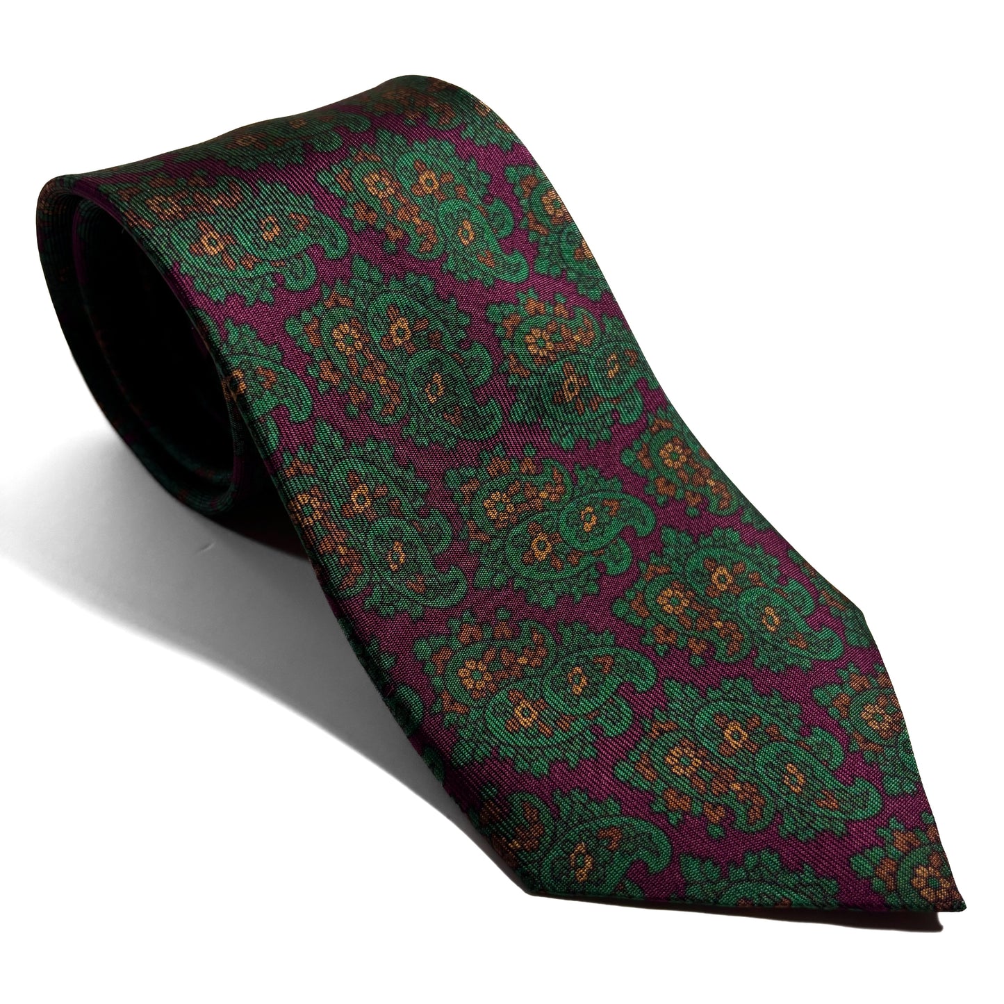 Hand-Printed Wine Red & Green Paisley Ancient Madder Silk Tie-0