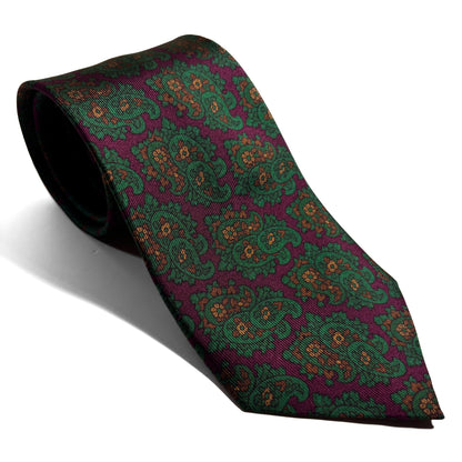 Hand-Printed Wine Red & Green Paisley Ancient Madder Silk Tie-0