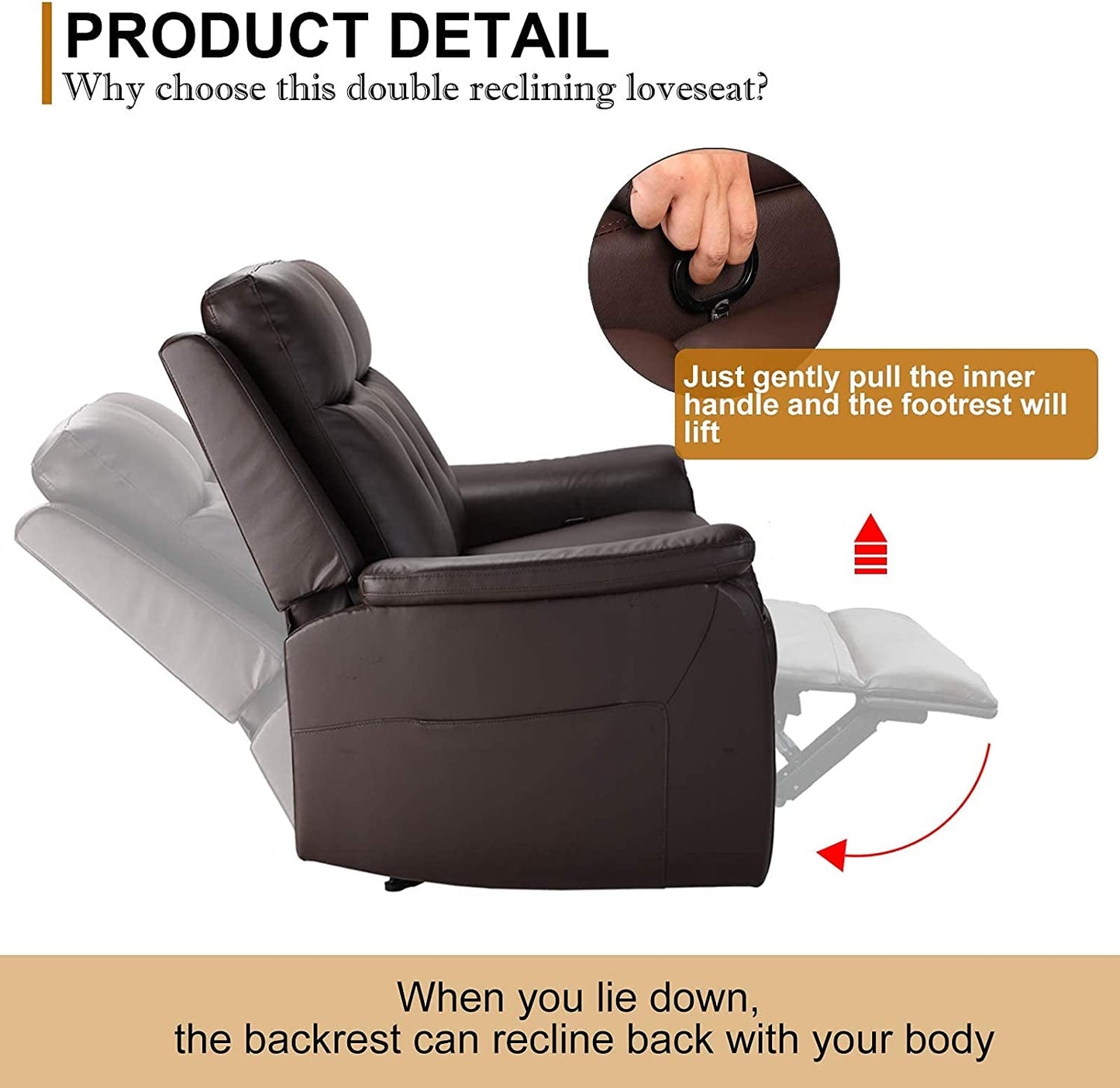 2 Seater Recliner Sofa - Double Reclining Loveseat with Massage & Heating - PU Leather Manual Home Theater Seating Manual Recliner Motion Living Room Chair-4