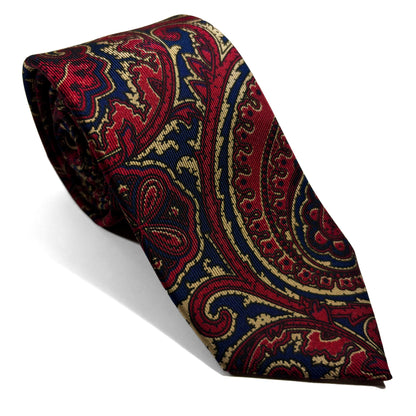 Slim Screen-Printed Navy Blue & Red Paisley Silk Tie-0