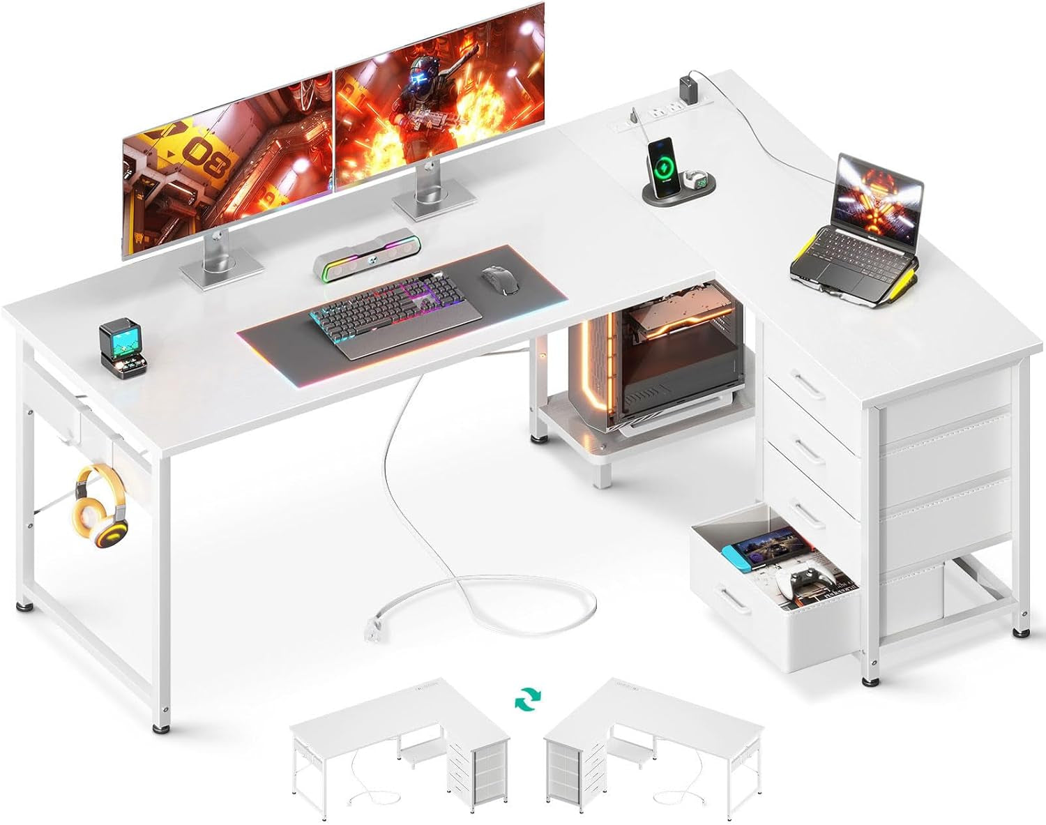 L Shaped Desk with 4 Tier Drawers, 61" Reversible Gaming Desk with Power Outlets, L Shaped Computer Desk with USB Charging Port and Host Stand, Home Office Corner Desk, Easy to Assemble, White-0