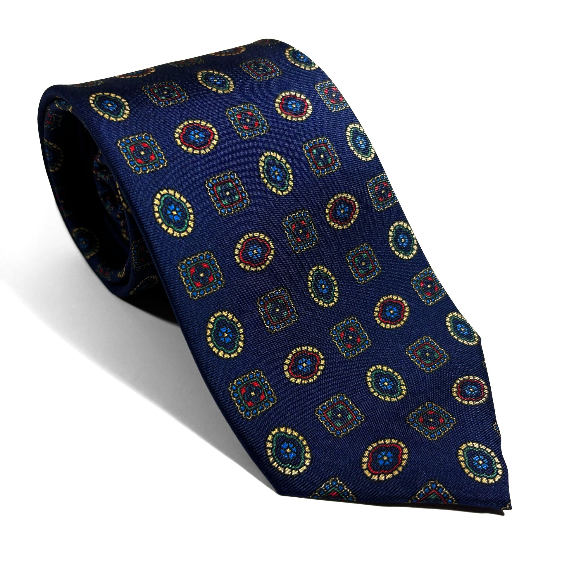 Navy Blue Geometric Medallion Silk Tie-0