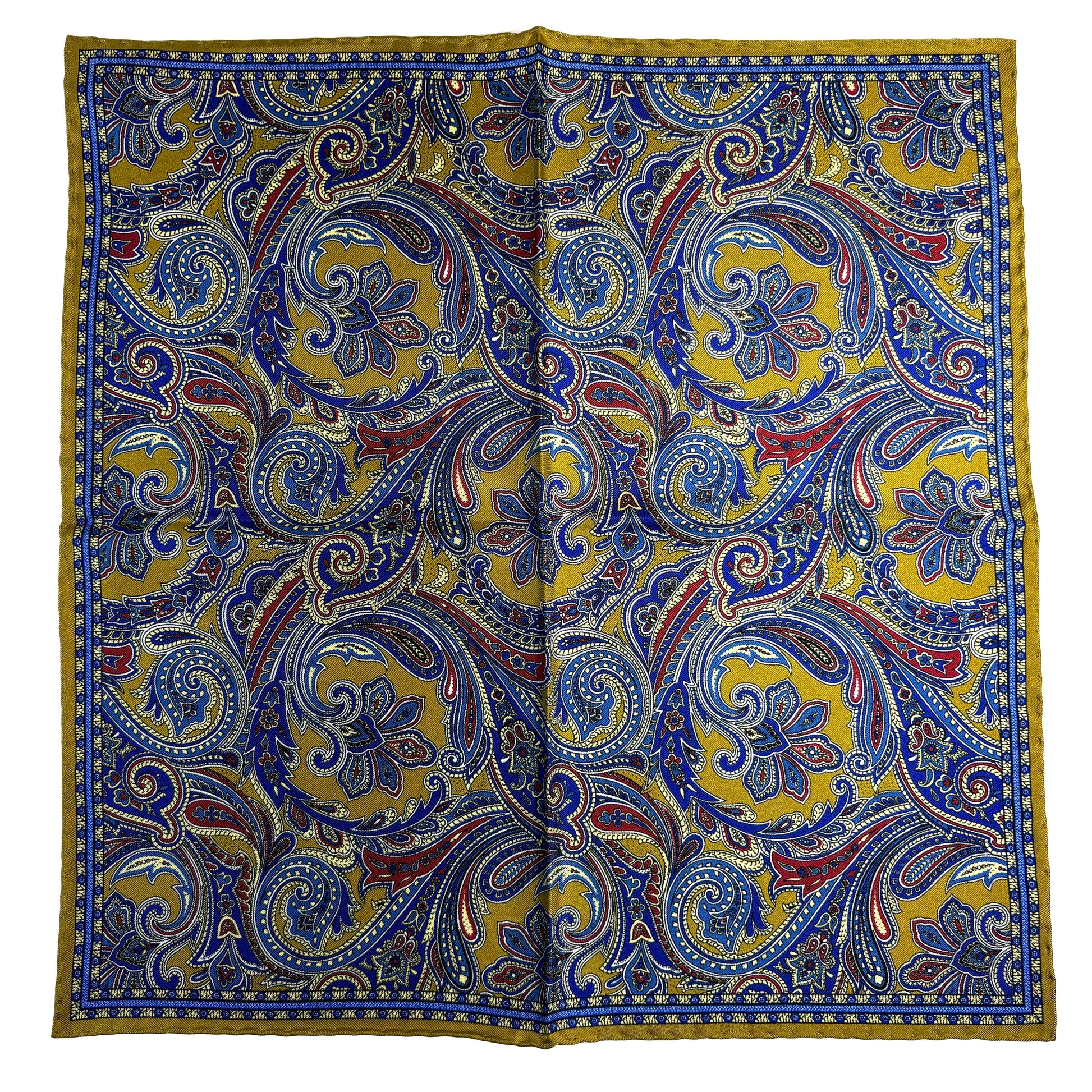 Golden Olive Green Paisley Silk Pocket Square-3
