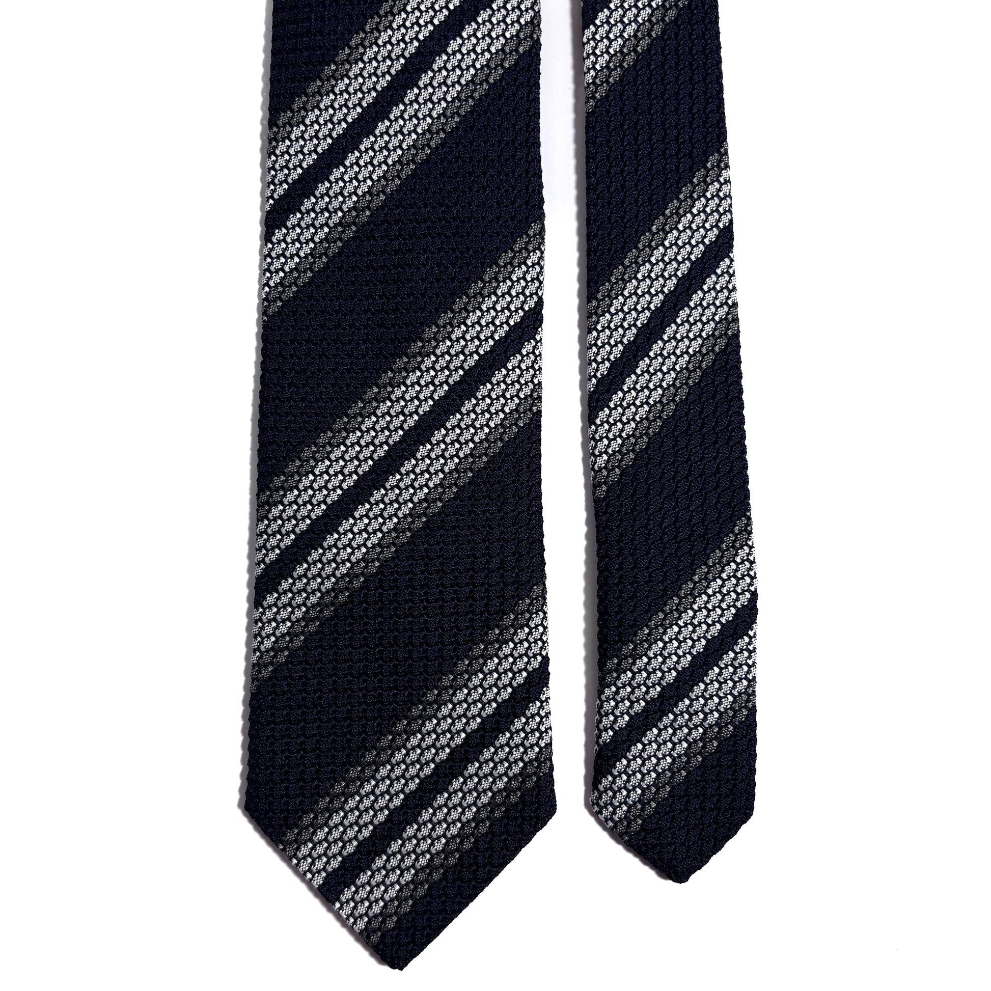 Navy Blue & White Striped Silk Grenadine Tie (Garza Grossa)-2