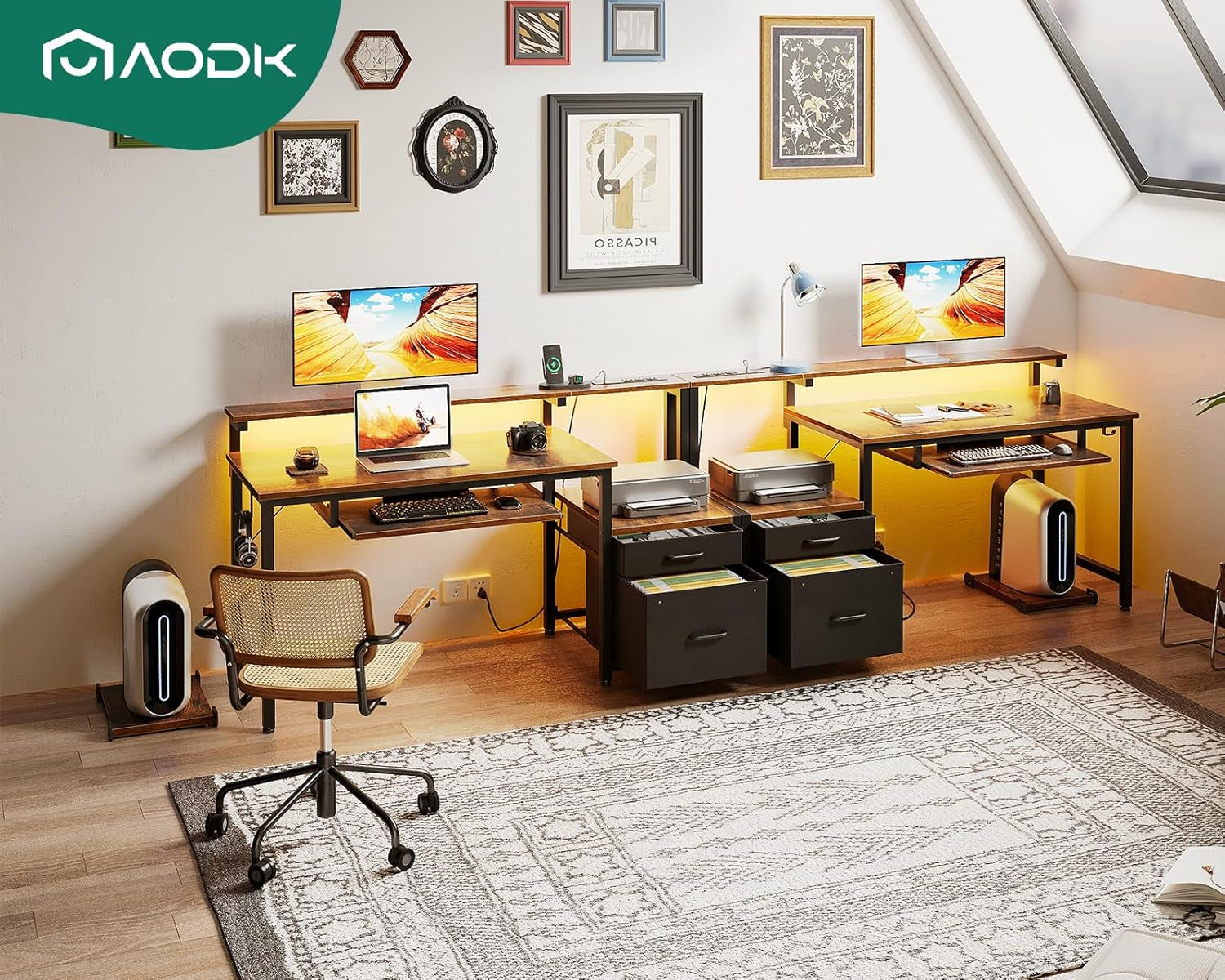 48" Computer Desk with Fabric File Cabinet and Drawer, Reversible Office Desk with Power Outlet and LED Light, Study Desk with Printer Stand, Keyboard Tray, Monitor Riser and PC Stand, Vintage-1