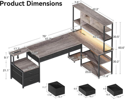 79 Inch L Shaped Desk with File Drawers, Reversible L Shaped Gaming Desk with Power Outlets & LED Lights, Computer Desk with Storage Shelves for Home Office, Grey Oak-1
