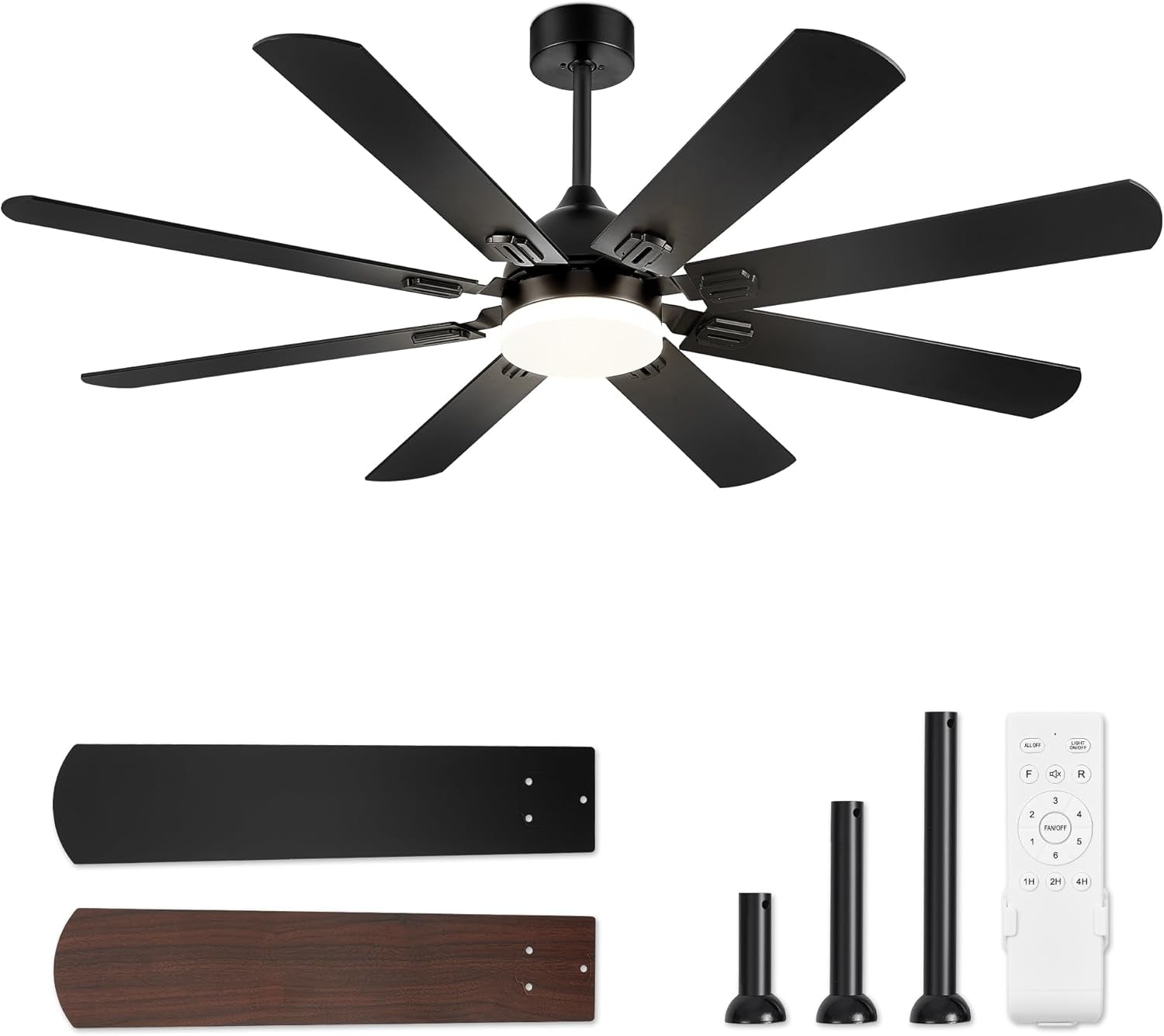 62 Inch Ceiling Fans with Lights, Black Modern Ceiling Fan with Remote,Large Farmhouse Indoor & Outdoor Ceiling Fan with 8 Dual Finish Blades, Quiet DC Motor, Bright LED Light-1