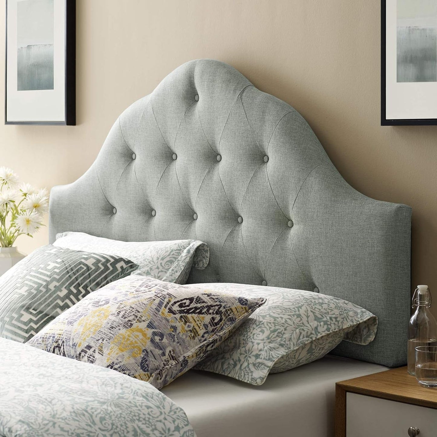 Tufted Linen Upholstered Queen Headboard with High Arch-0