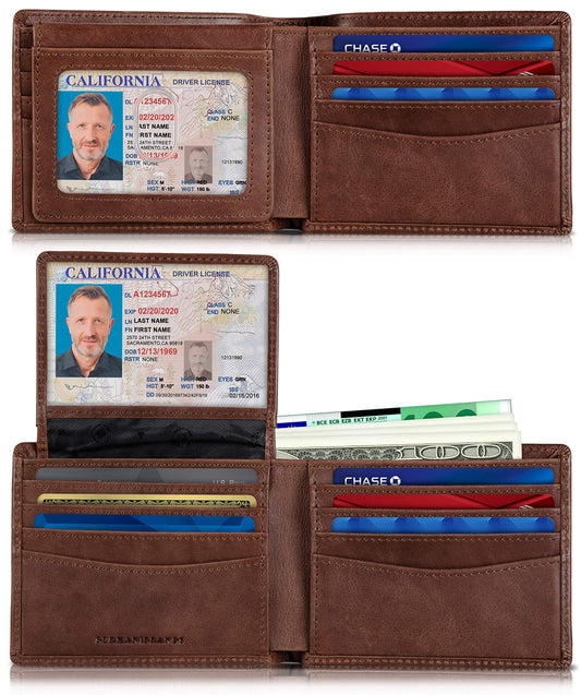 SERMAN BRANDS 2 ID Window Wallet for Men RFID Blocking Leather, Bifold Top Flip, Extra Capacity Travel Wallet (Morning Roast Executive)