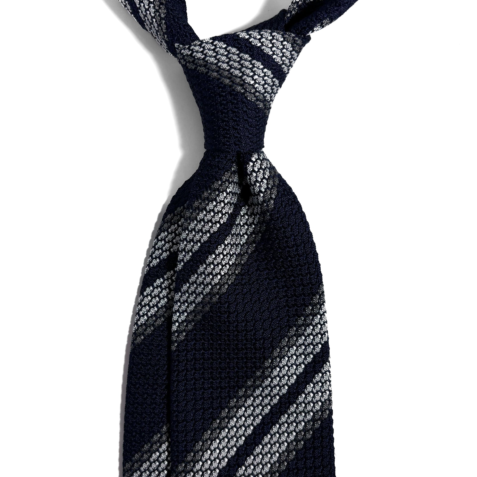 Navy Blue & White Striped Silk Grenadine Tie (Garza Grossa)-1