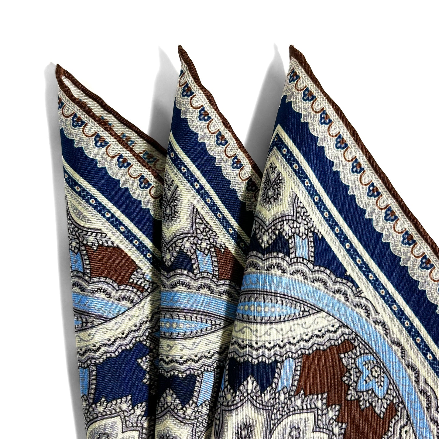 Brown & Light Blue Large Medallion Silk Pocket Square-1