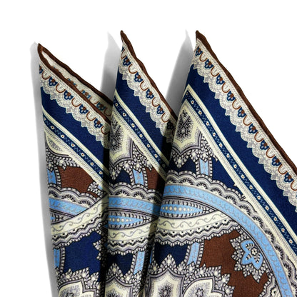 Brown & Light Blue Large Medallion Silk Pocket Square-1