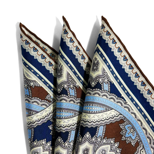 Brown & Light Blue Large Medallion Silk Pocket Square-1