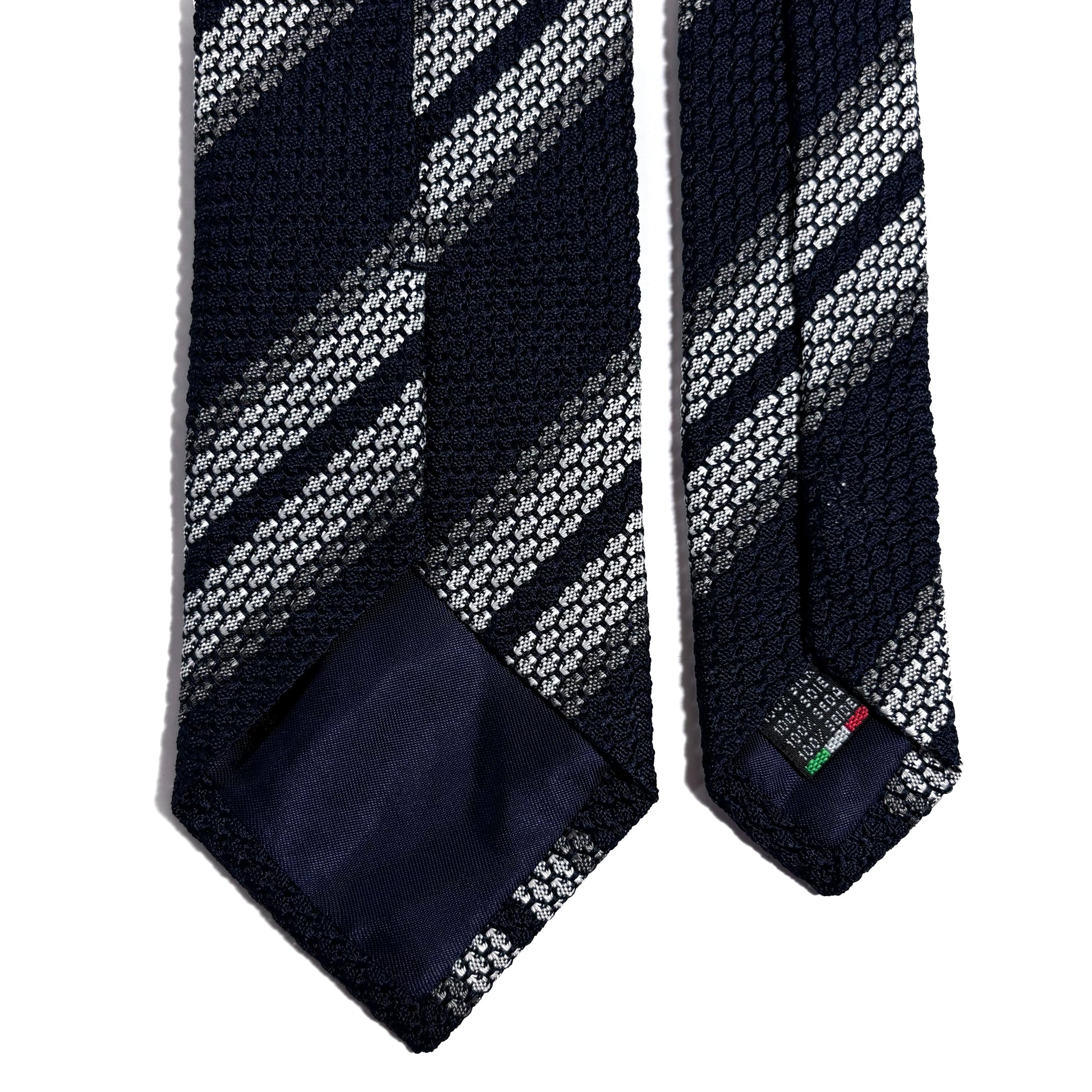 Navy Blue & White Striped Silk Grenadine Tie (Garza Grossa)-3