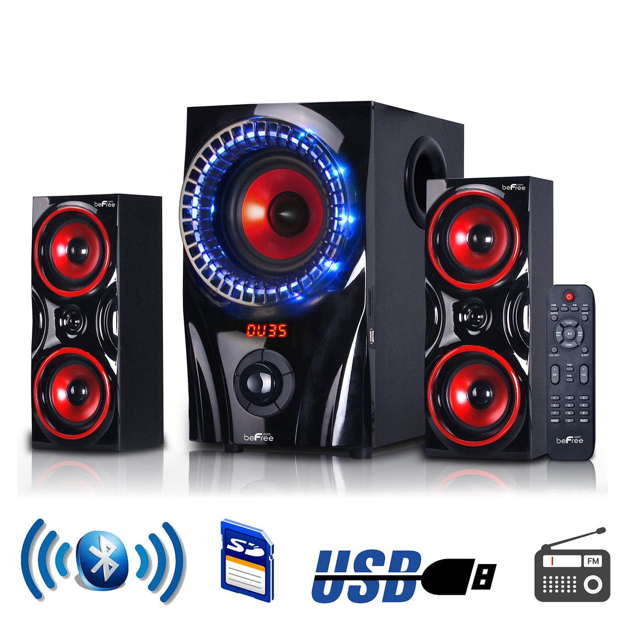 beFree Sound 2.1 Channel Bluetooth Surround Sound Speaker System in Red-0