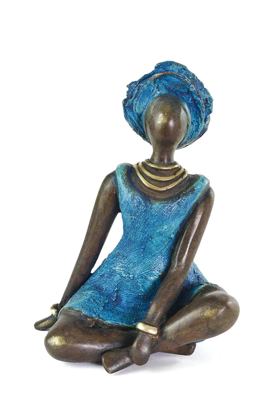 2 La Femme en Bleu Burkina Bronze Sculpture