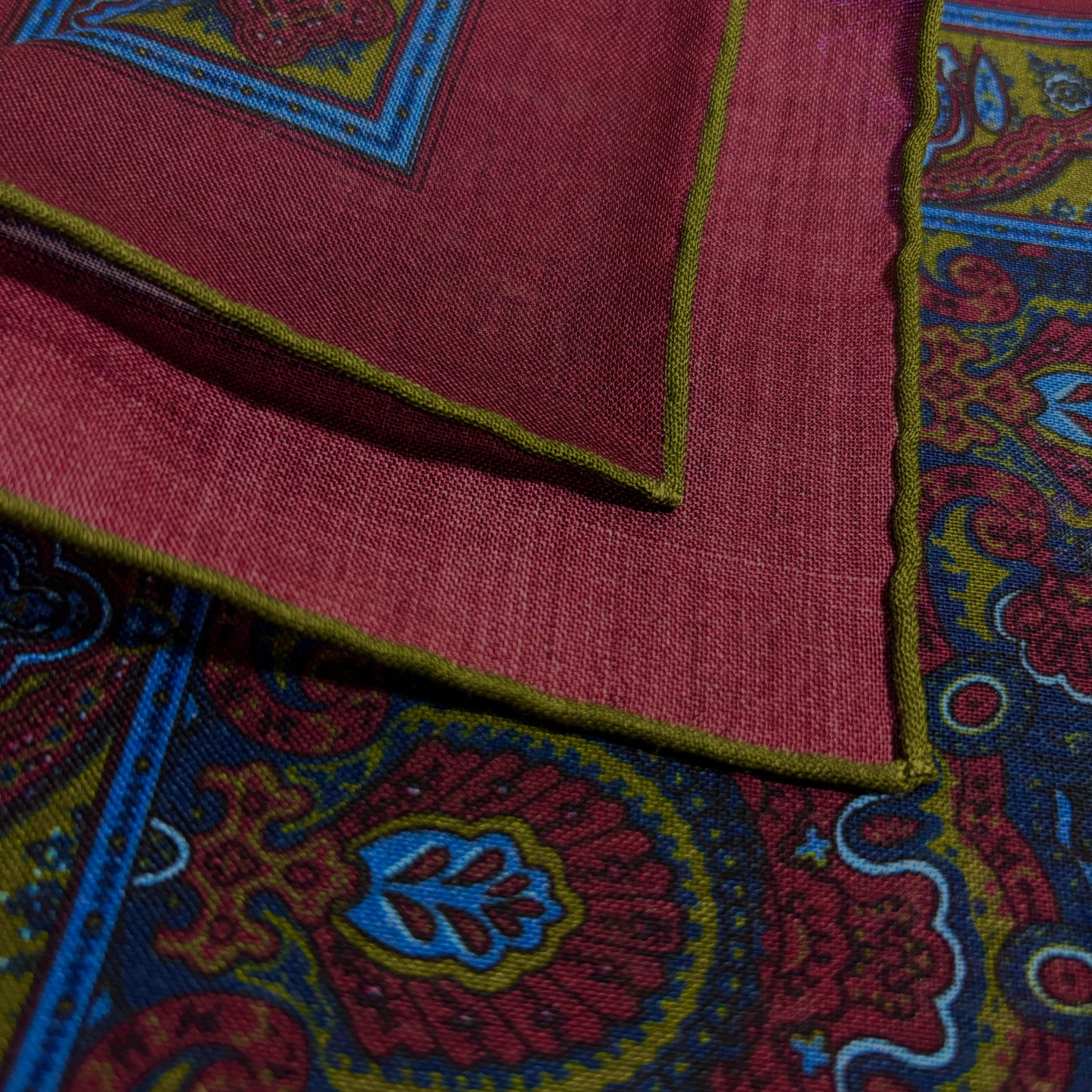 Dominus - Burgundy & Olive Green - Wool/Silk Pocket Square-3