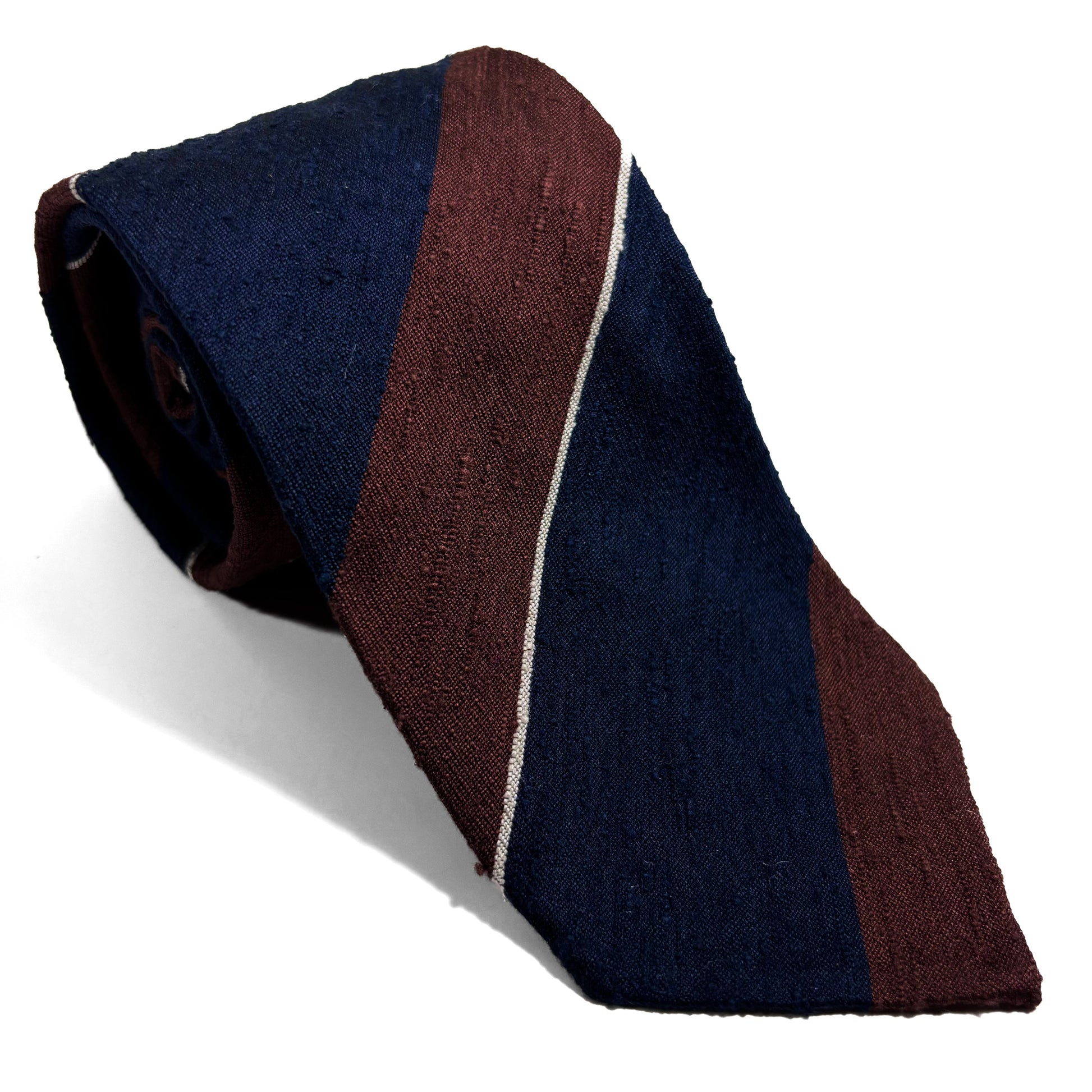 Untipped Navy Blue & Brown Block Stripe Silk Shantung Tie-0