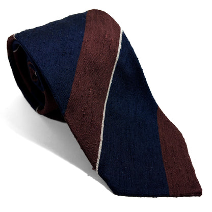 Untipped Navy Blue & Brown Block Stripe Silk Shantung Tie-0