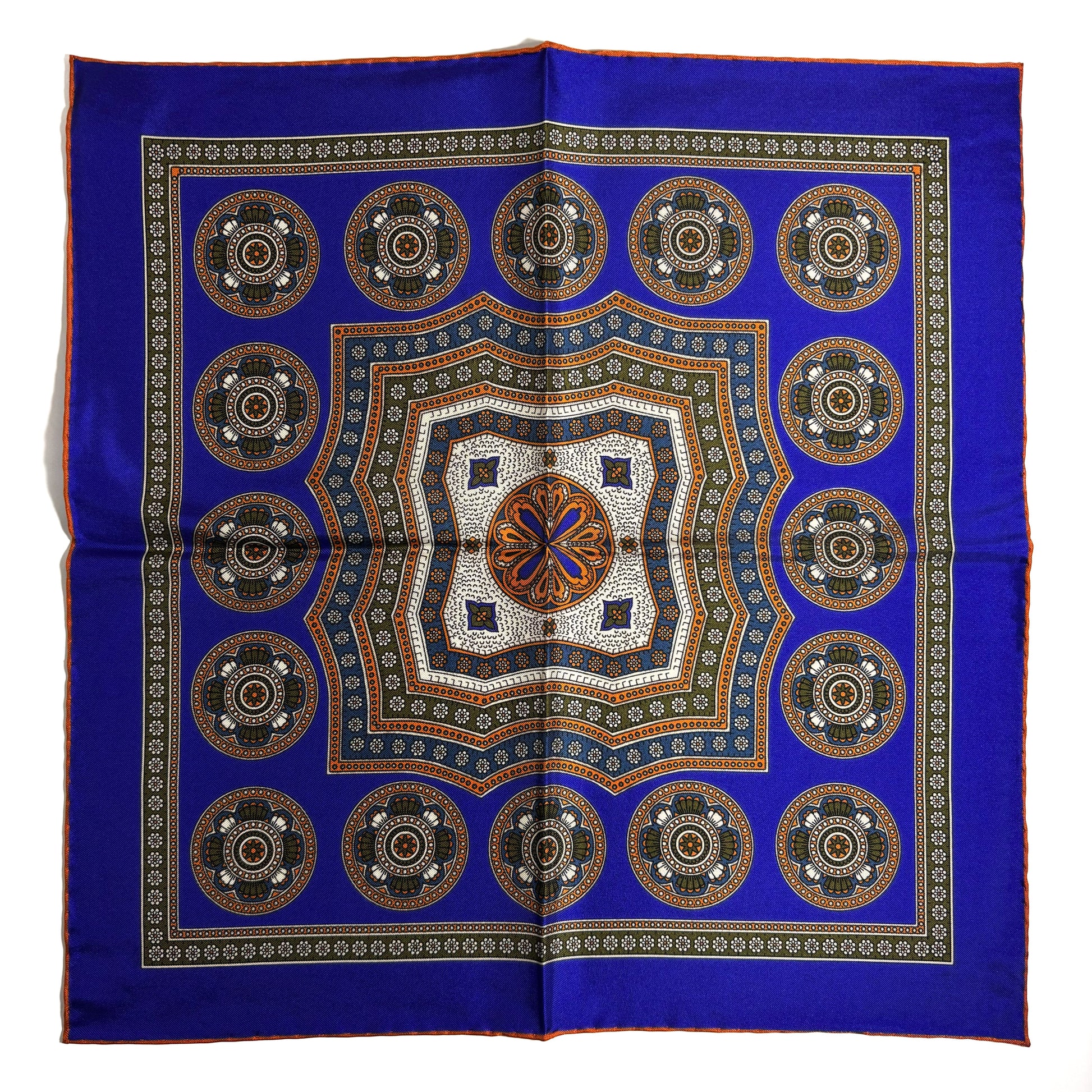 Regal Indigo & Orange Medallion Silk Pocket Square-4