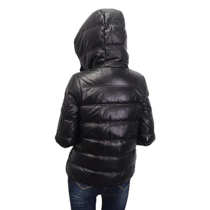Contra 2020 Black Genuine Hooded Womens Leather Puffer Jacket-2