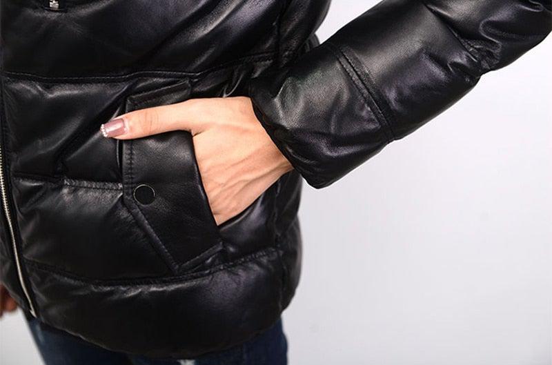 Contra 2020 Black Genuine Hooded Womens Leather Puffer Jacket-3