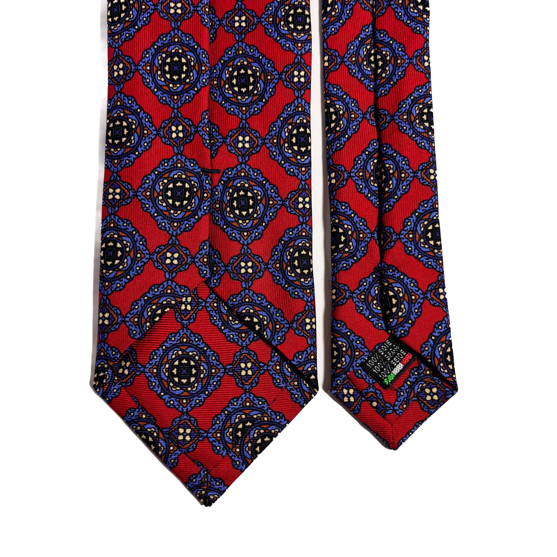 Hand-Printed Red Geometric Medallion Ancient Madder Silk Tie-3