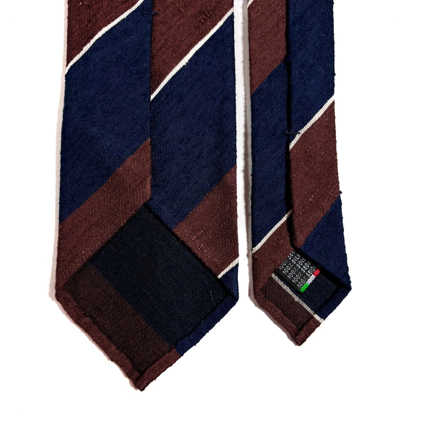 Untipped Navy Blue & Brown Block Stripe Silk Shantung Tie-3