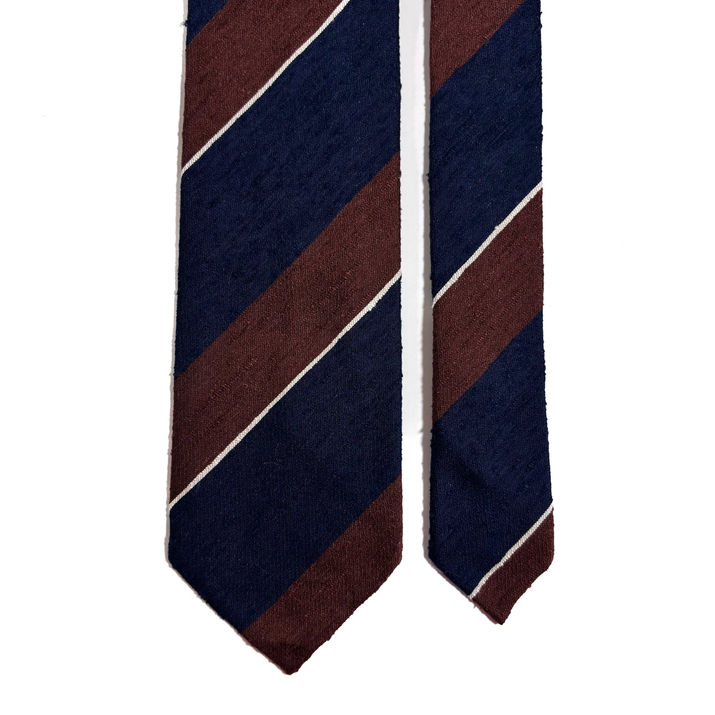 Untipped Navy Blue & Brown Block Stripe Silk Shantung Tie-2