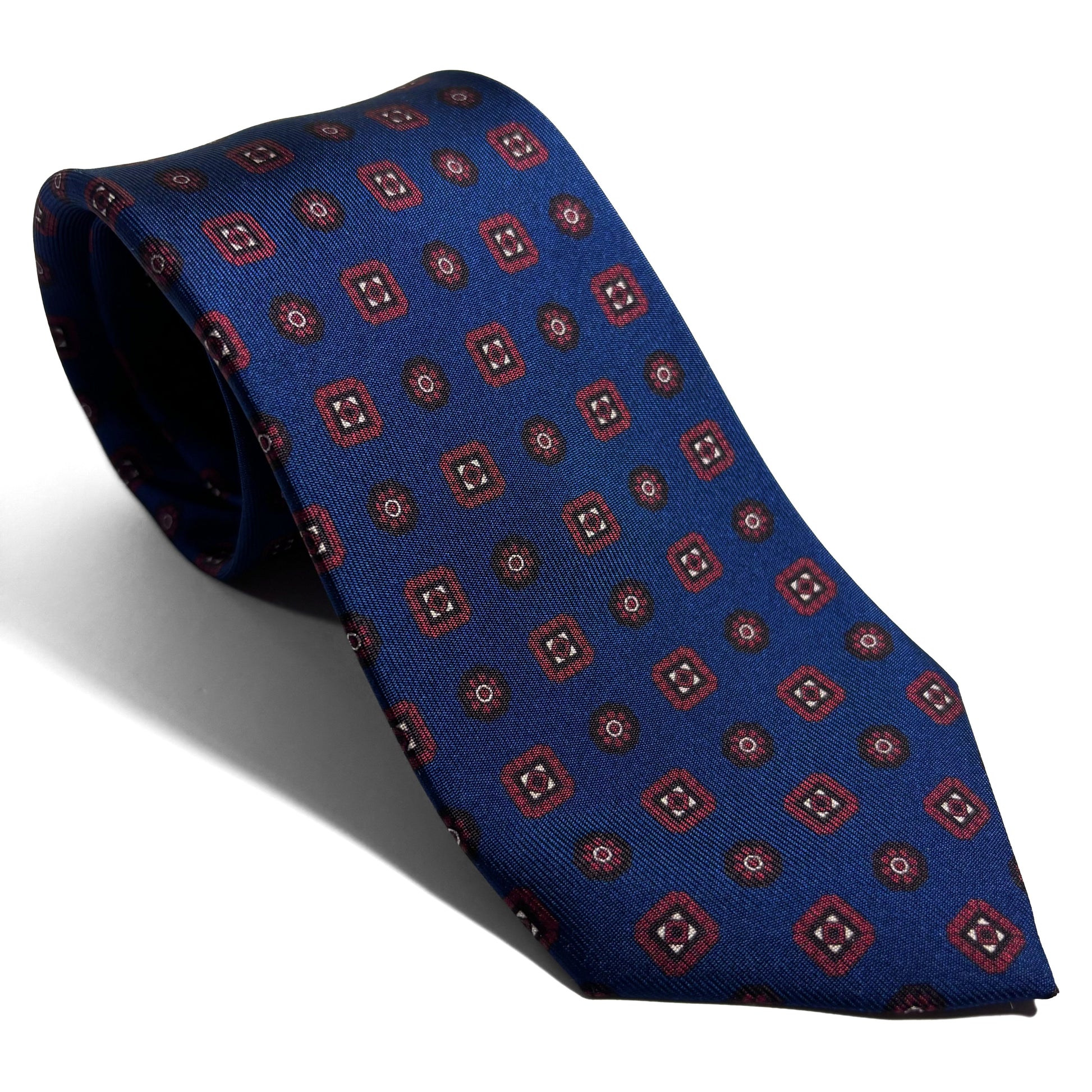 Seven Fold Navy Blue & Red Geometric Printed Silk Tie-0