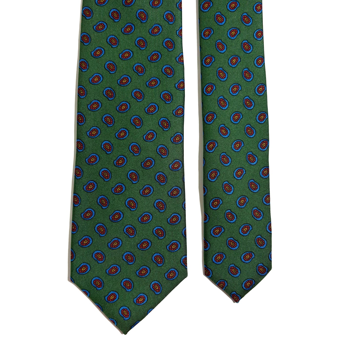 Slim Screen-Printed Green Paisley Foulard Silk Tie-2