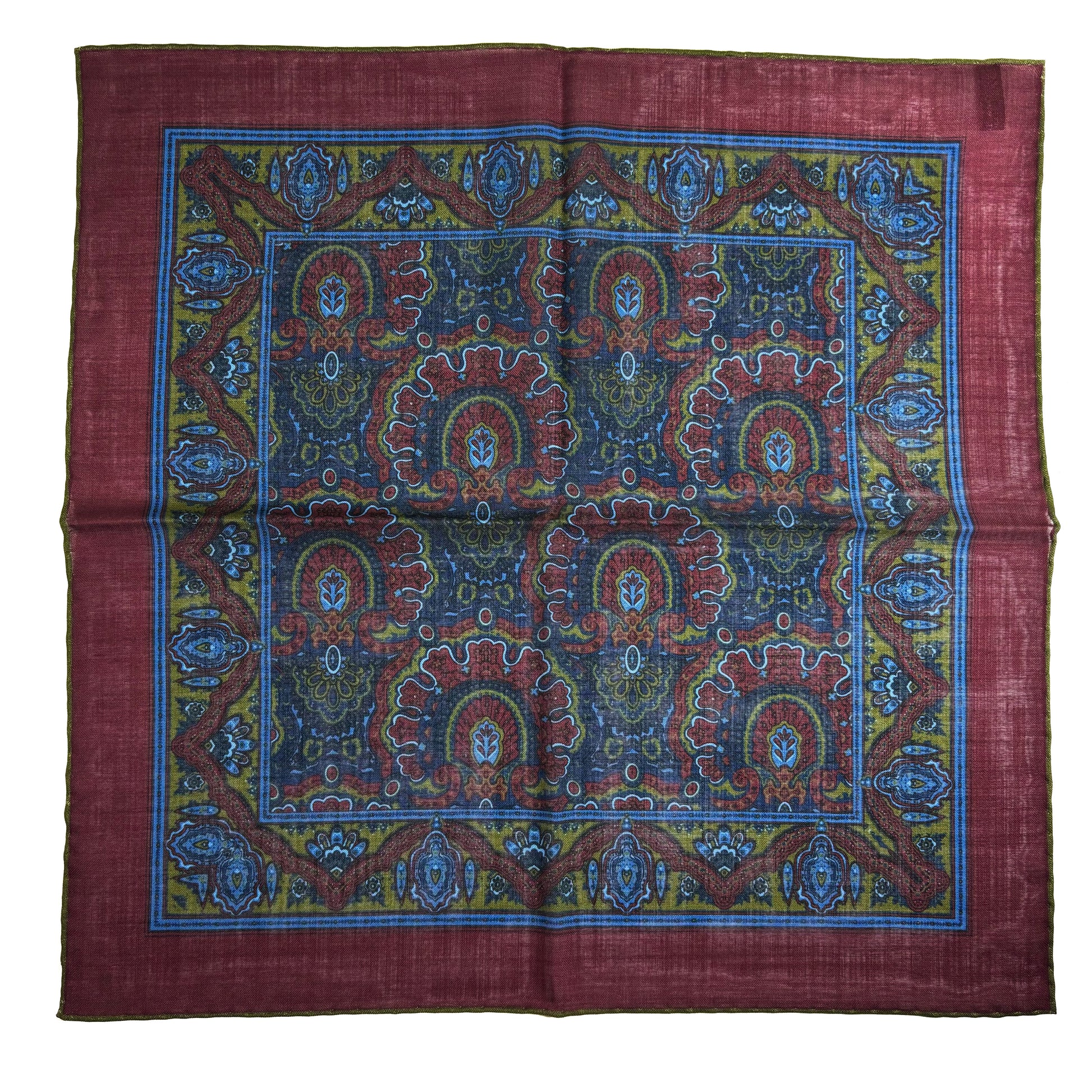 Dominus - Burgundy & Olive Green - Wool/Silk Pocket Square-4